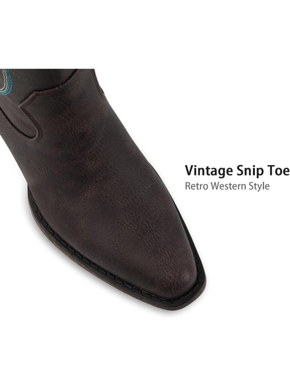 Women Dark Brown Mid Calf Cowgirl Boots with Embroidered Pointed Toe Chunky Heel - Picture 3 of 7